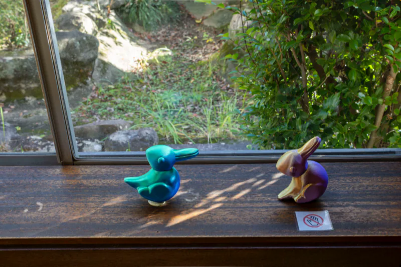 3D-printed rabbit and duck on a windowsill